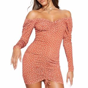Pretty Little Thing Chocolate Polka Dot Puff Sleeve Twist Detail Bodycon Dress